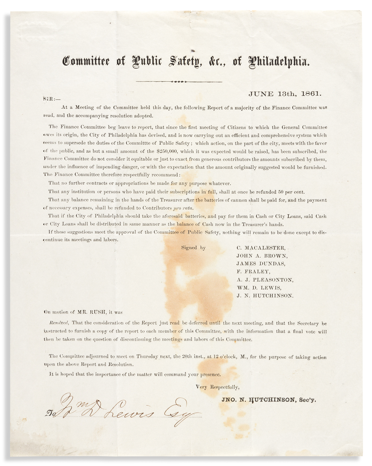 (CIVIL WAR--PENNSYLVANIA.) Pair of circular letters from Philadelphias Committee of Public Safety during the wars opening months.